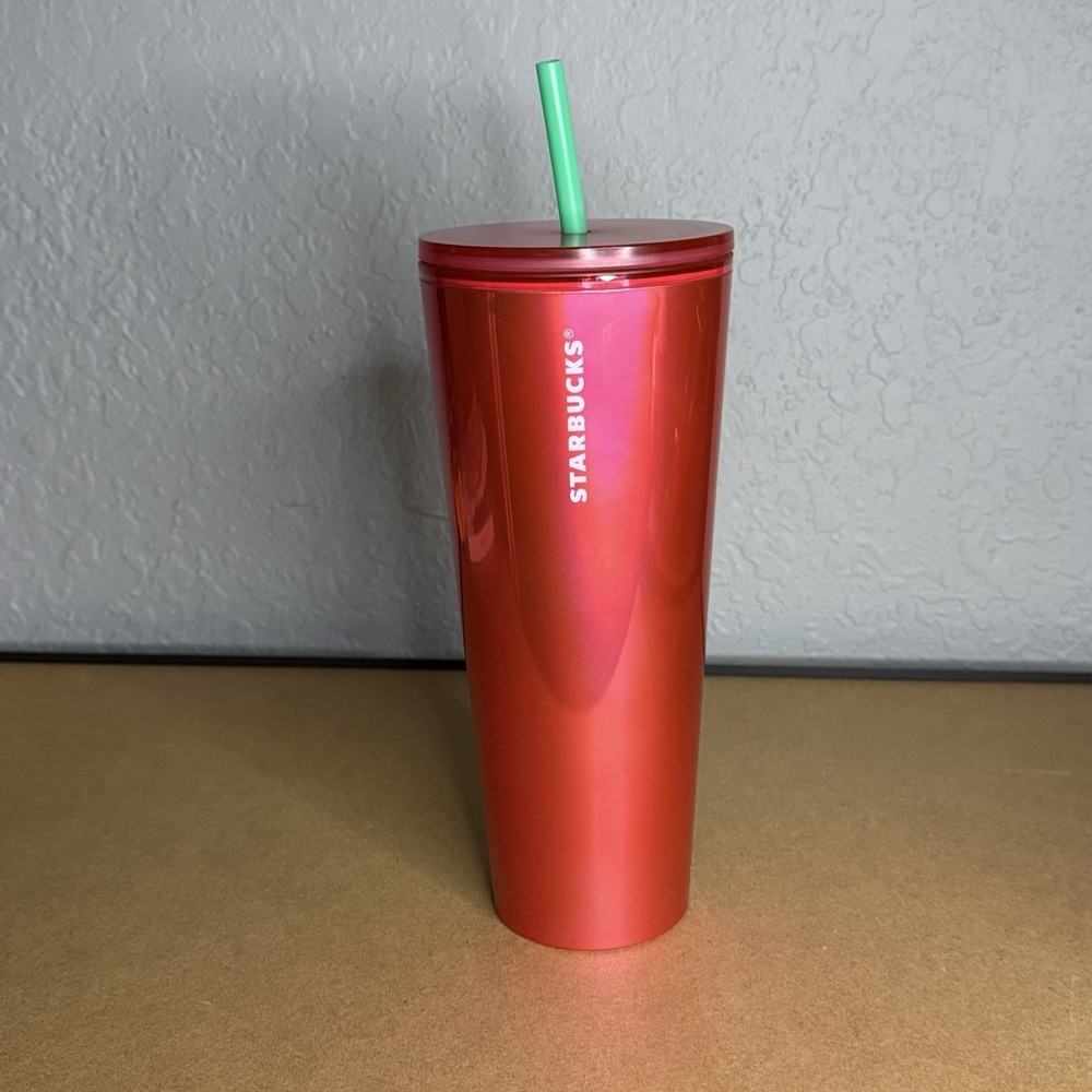 Starbucks Red Plastic Tumbler 24oz / 710ml Lid &Green Straw-New w/ Minor Scuff